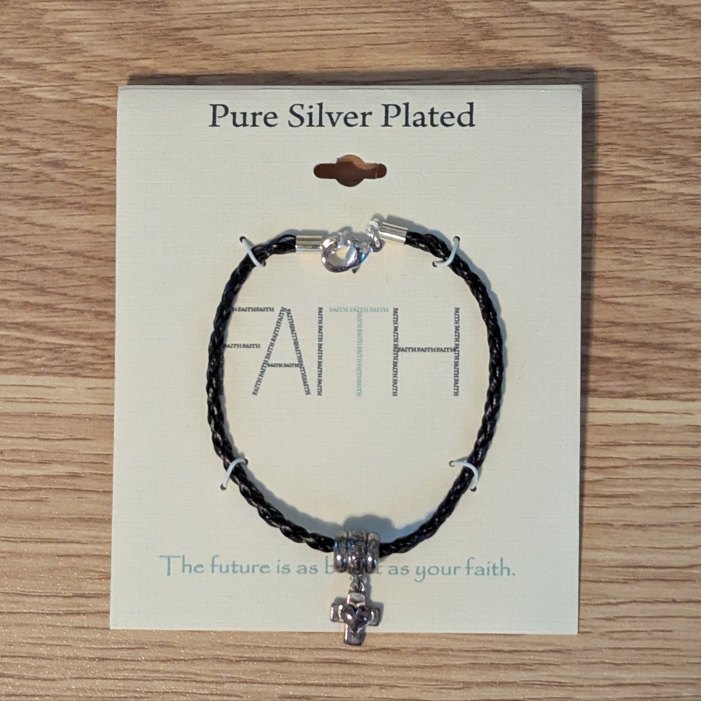 Braided Leather Bracelet with Silver-plated Cross, NWT